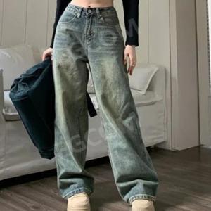여성 찢어진 청바지 와이드 팬츠 빅사이즈 하이웨스트 봄 가을 데님 통바지