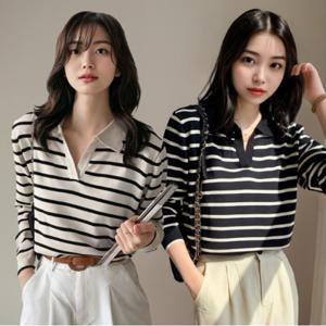 아크릴 루즈핏 브이넥니트 긴팔 스트라이프 가을 여성 카라 니트 OFS-DMKNT01