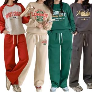 여성 트레이닝 세트 겨울 기모 조거 와이드 밴딩 홈웨어 바지 벌룬 절개 카고 츄리닝 융 빅사이즈