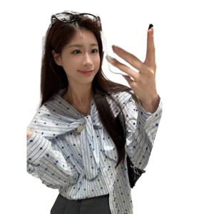 끈 리본 긴팔 셔츠 여 가을 신상 프렌치카라 기질 도트 스트라이프 루즈핏 상의 트렌드