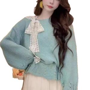 가을 펀칭 니트 탑 패치 레이스 부드럽고 루즈한 핏으로 매치하기 좋은 한국 스타일링 스트랩