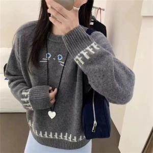 니트티 여성 캐주얼 귀여운 고양이 패턴 라운드넥 스웨터 따뜻한 겨울옷