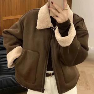 여성 패션 라펠 디자인 패치워크 소매 포켓 지퍼 자켓