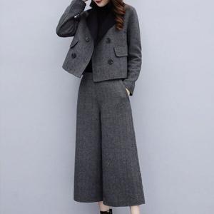 여성복 가을 겨울 투피스 모직 코트 와이드 팬츠 캐주얼 패션 슈트 여