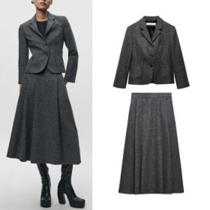 크롭 자켓 세트 ZARA 여성 가을 겨울 슬림 클래식 데일리 울 정장 스커트 투피스 8454565