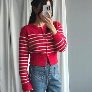 스트라이프 크롭 앙고라가디건 겨울 털빠짐없는 니트 퍼가디건