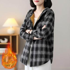 여자 가을 겨울 기모 후드 체크 셔츠 남방 루즈핏 융털 셔츠