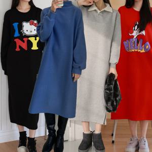 여성 기모 롱 원피스 여성의류 티셔츠 겨울 가을 빅사이즈 홈웨어 임산부 면 롱원피스 루즈핏 잠옷