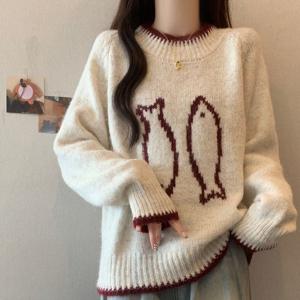 여성 무드 있는 감성 라운드 넥 컬러 블로킹 작은 물고기 무늬 오버사이즈 니트