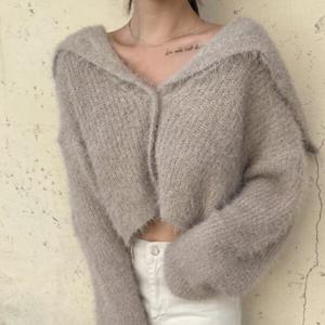 울 니트가디건 여성 크롭 브이넥 루즈핏 겨울 블랙 그레이 긴팔 카디건 IY-WCDG14