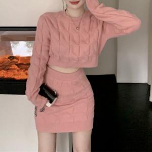 크롭 꽈배기 니트 미니스커트 투피스 세트