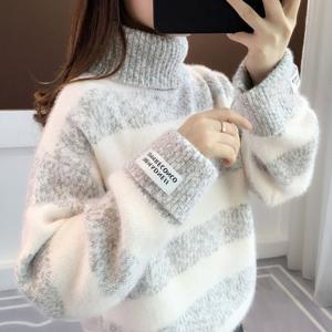 아로하스타일 스트라이프 목폴라 니트 여성용 겨울용 방한목폴라 W999 따뜻한 폴라 니트