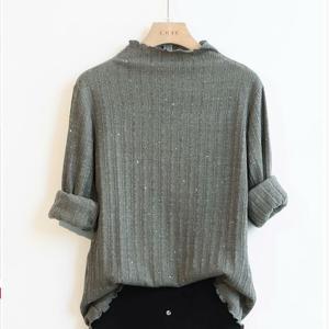 여성 데일리룩 프릴넥 긴팔 단색 기본핏 티셔츠 패션 통근룩