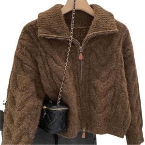 여성 패션 감각 있는 우아한 오버사이즈 라펠 칼라 지퍼 마름모 무늬 니트 가디건