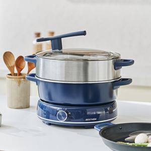 베스트하임 대용량 전기 멀티쿠커 4in1 찜기 전골팬 구이팬 핫플레이트 6L 네이비