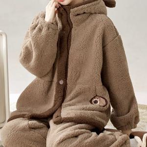 여성용 부드럽고 피부에 닿는 코랄 플리스 잠옷 세트 편안한 홈웨어 후드 종 세트