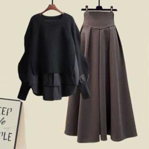 여성 정장 투피스 하프 돌잔치엄마 중년 세트 치마 겨울 우아한 풀오버 스웨터 빅사이즈 스플라이스 롱 면