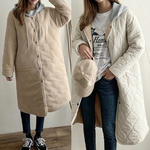 여성 뽀글이 후드 롱 점퍼 패딩 누빔 자켓 양털 겨울 빅사이즈 경량 양면 리버시블