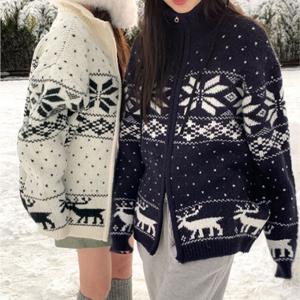 남녀공용 여자 남자 스노우 헤비 니트 집업 자켓 투웨이 눈꽃