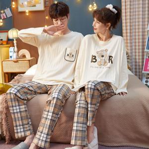 면 커플잠옷 체크 베어 긴팔 홈웨어 파자마세트 봄 가을 간절기잠옷