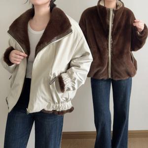 여성 양면 퍼 점퍼 야상 집업 패딩 리버시블 밍크 페이크퍼 집업 하이넥 카라 루즈핏 겨울