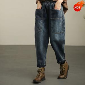 촹싱유푸이 간절기 여성용 빅사이즈 밴딩 청바지 캐주얼 데님팬츠 간절기 기모 청바지 스판 중년여성 오버