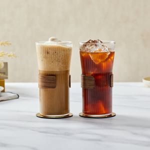 [모던하우스] 소울카페 우드홀더 플리츠 내열 유리잔 500ml 2P