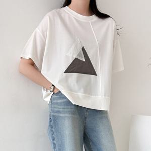 샵앤) 여성 라운드넥 배색 삼각형 사선절개 반팔 티셔츠 21DS-WSH-4396-화이트