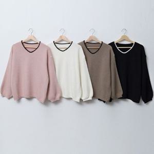 [다잇템][다잇템] 여성 빅사이즈 분홍색 벌룬 V넥 니트_23496118