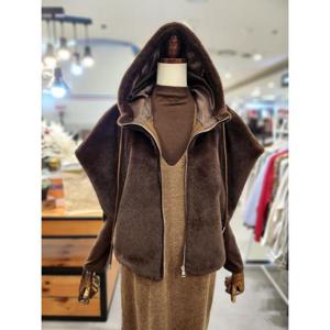 스테파니 세이브존01 퍼 후드 가죽 끈 조끼 A25JK5439