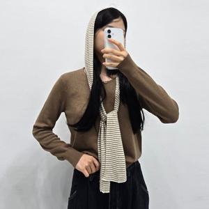 샵앤) 여성 라운드 단가라 후드 일체 긴팔 무지 니트티 SIU-WKN-4807-핑크