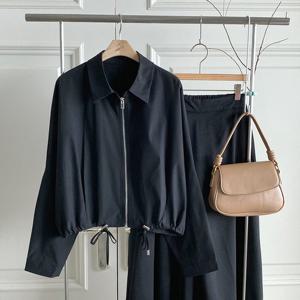 샵앤) 여성 카라넥 밑단스트링 무지 루즈핏 간절기 점퍼 DGB-WJP-4825-블랙