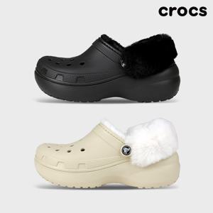 크록스 클래식 플랫폼 라인드 퍼즈 스트랩 클로그 겨울 방한 털슬리퍼 212854 2종 택일