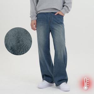 [진마니아] 윈터 중청 밍크기모 허리밴딩 와이드 데님 남여공용