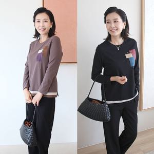 [쉬즈마담]T57392 사각패치 밑단배색 롱티 50대 엄마옷