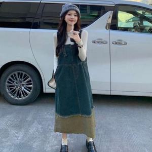 빈티지 데님 배색 멜빵 원피스 LL-D131/