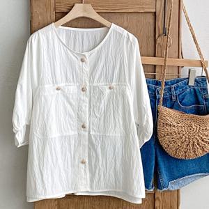 샵앤) 여성 라운드넥 빅포켓 단추오픈 루즈핏 여름 블라우스 DGB-WBL-4567-화이트