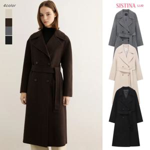 [시스티나]여성 겨울 핸드메이드 울 더블 벨트 하이넥 A라인 롱 코트