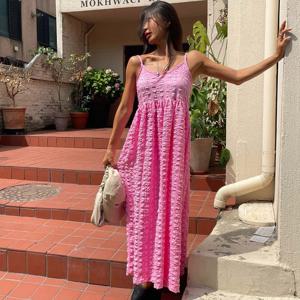 샵앤) 국산 여성 끈나시 엠보싱 비치 바캉스룩 롱원피스 MCR-WDR-4677-핑크