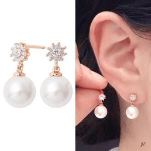 14K 골드필드 핀 큐빅 꽃 진주 드롭 하객 결혼식 귀걸이