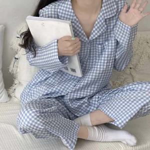 홈웨어 파자마 베이직 산뜻한 체크무늬 여성 잠옷세트