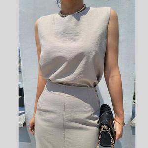 라운드 나시 린넨 여름 민소매 여자 블라우스 코디 룩