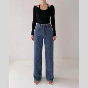 스판 밴딩 통 청바지 일자핏 와이드핏 데님 팬츠 룩