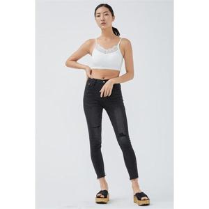 워싱 그레이 스키니진 데미지 스판 데님 팬츠