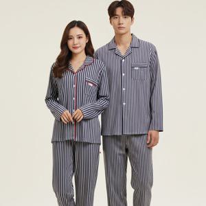 바풀 HY FX 188677-8 남녀커플 잠옷 피치기모 카라잠옷 상하세트 - 네이비 앤 화이트라인