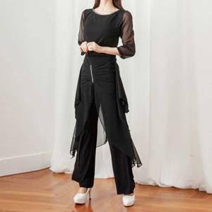 까르죠아 다이아 보석 이중 쉬폰 통바지 와이드 팬츠 댄스바지 여성 스포츠 댄스복