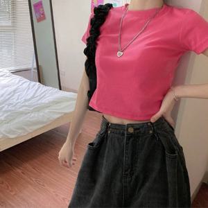 여자 데일리 무지 크롭 반팔티셔츠 LDW-TSH-SSIS473-로즈레드