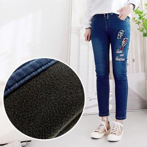[일공삼에스티]여성 겨울 융기모 본딩 캐릭터 자수 밴딩 일자 청바지