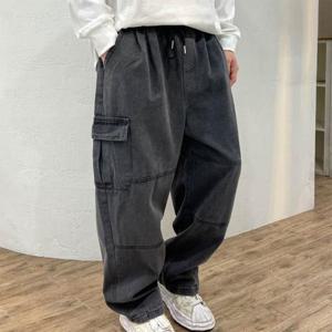 [다잇템]남자 와이드 배기핏 카고데님 고무줄 청바지