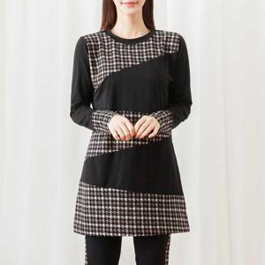 까르죠아 사선 체크 기모 롱 블라우스 빅사이즈 미시 여성 겨울 가을 긴팔 티셔츠